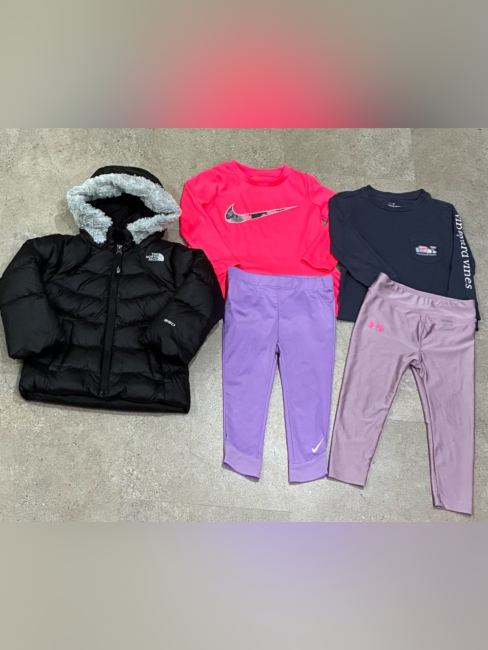 Girls NORTH FACE/NIKE/UNDER ARMOUR Down Winter Coat..Shirts & Leggings, sz 2T